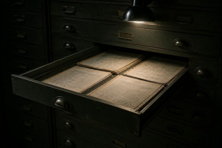 A flat-file archive drawer pulled open under a single work lamp, layered paper records inside