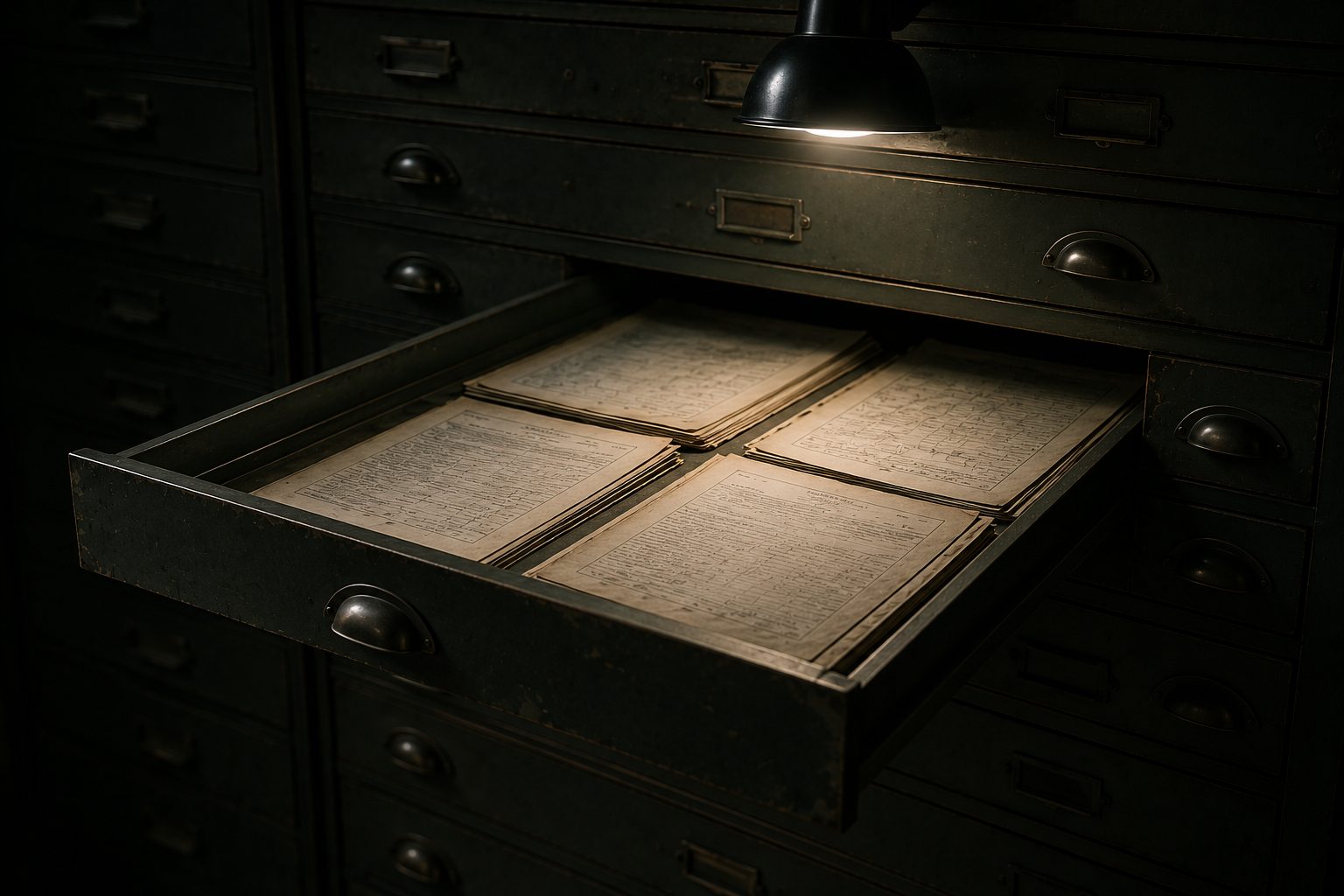A flat-file archive drawer pulled open under a single work lamp, layered paper records inside
