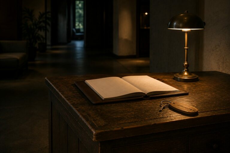 An open leather guest book and a brass lamp on a small timber reception desk at dusk