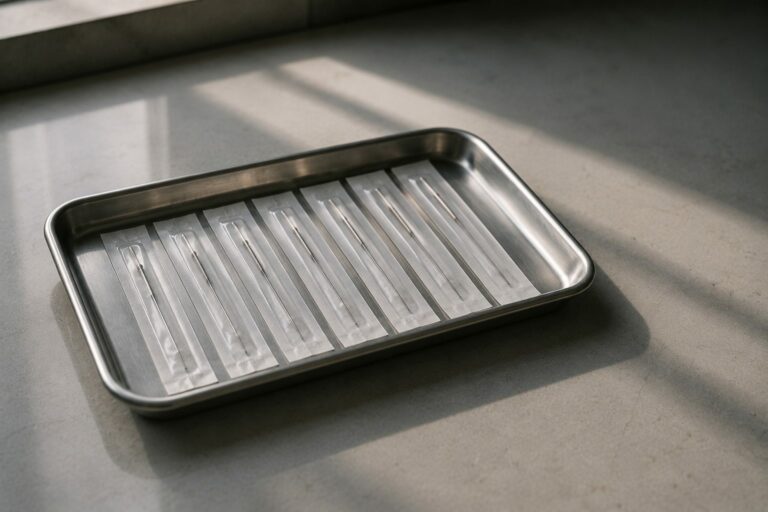 Sterile acupuncture needles in sealed packets laid in a stainless steel instrument tray