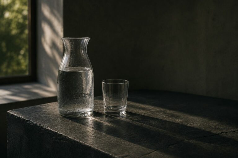 A glass carafe of water and an empty tumbler on a dark stone ledge in morning light