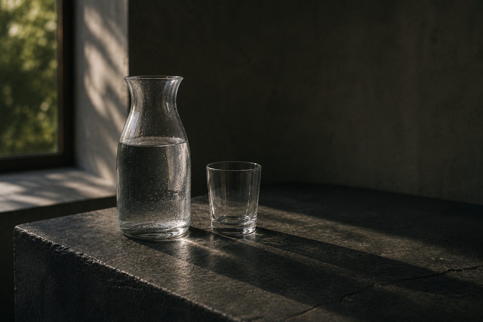 A glass carafe of water and an empty tumbler on a dark stone ledge in morning light