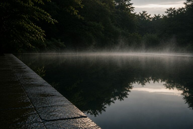 A still dark pool at first light with mist above the surface and wet stone coping