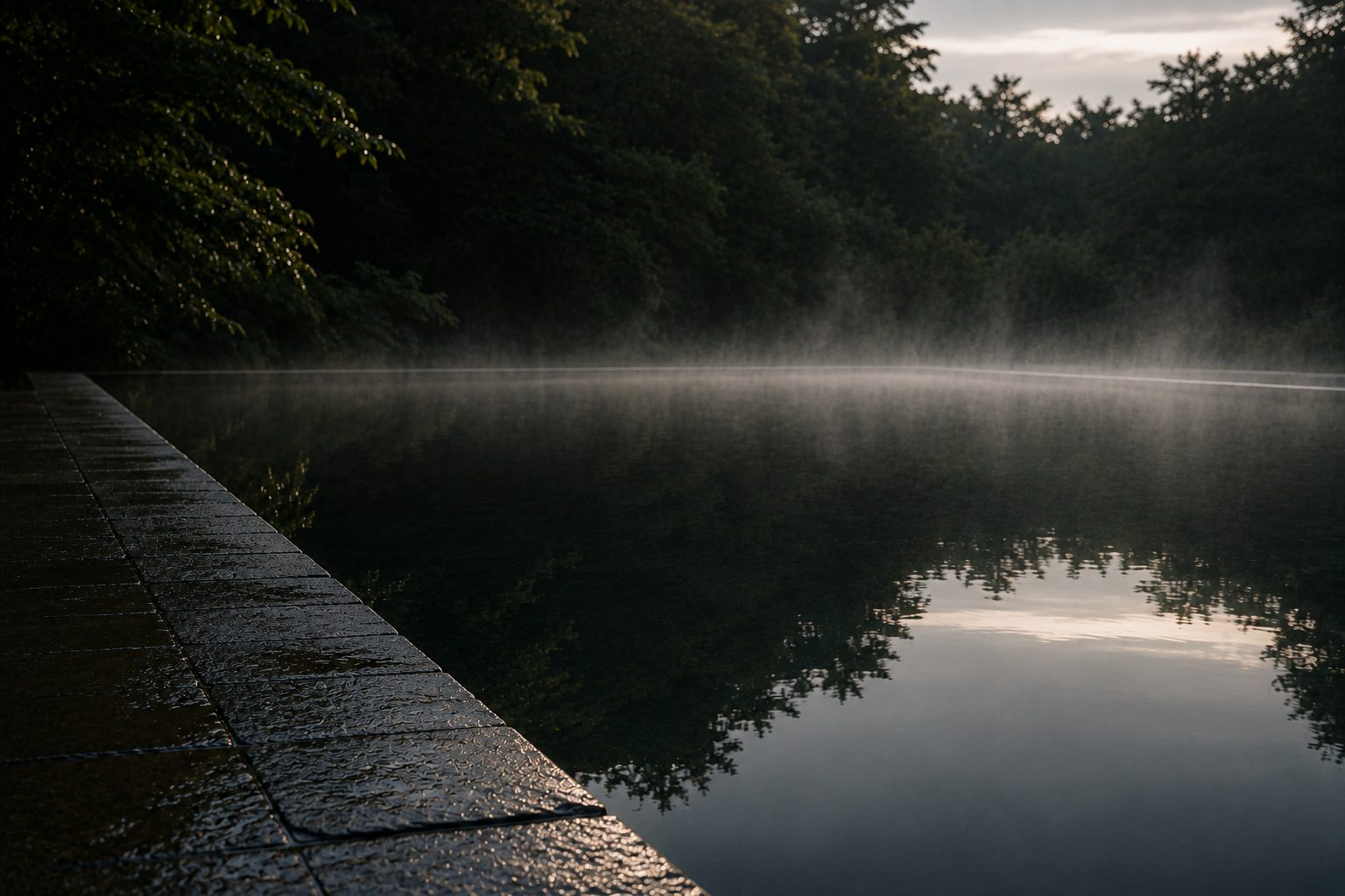 A still dark pool at first light with mist above the surface and wet stone coping