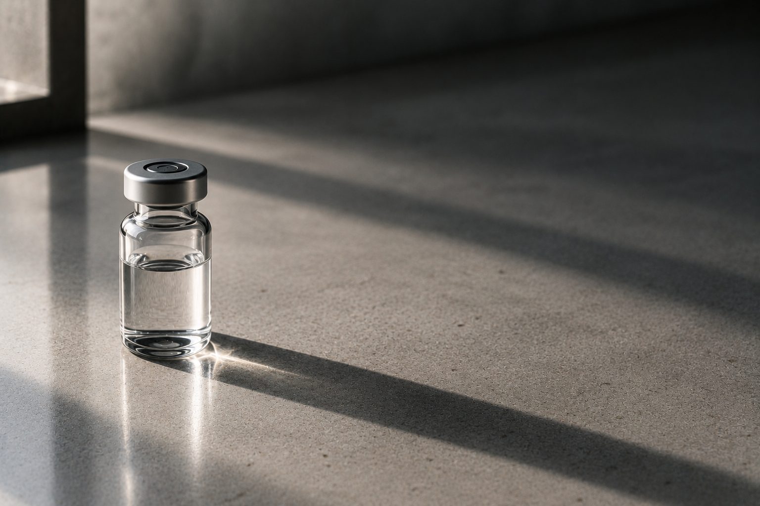 A single unlabelled glass vial casting a long shadow across a pale surface